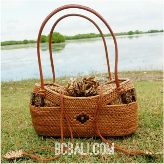 bali ethnic small tote handbag rattan grass with coco button handmade